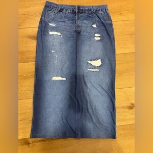 New SHEIN Curve Printed Distressed Denim-Look Knit Straight Skirt XL